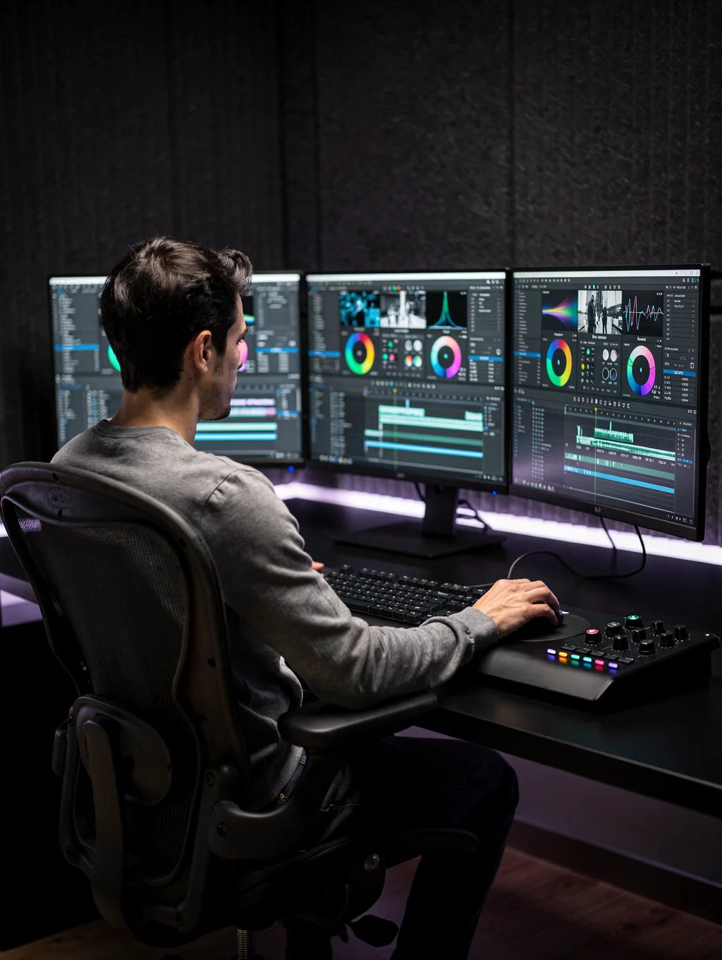 Antonio at work in the video editing workstation