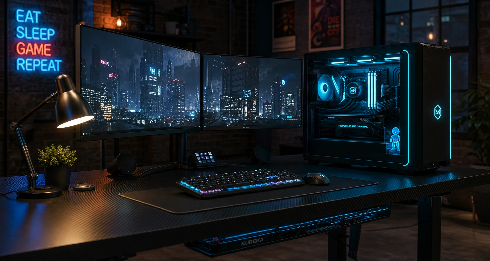 Gaming editing workstation with neon lighting and timeline monitor