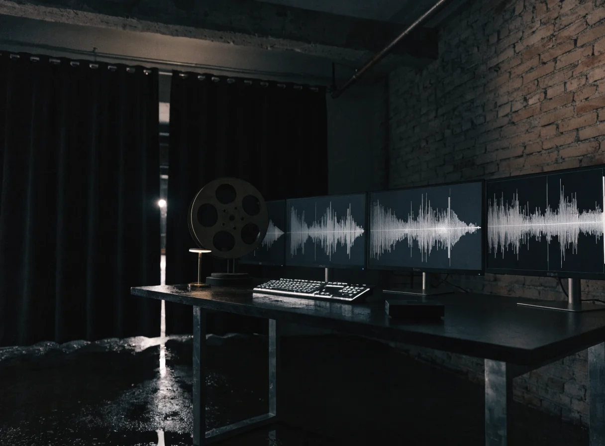 Professional video editing bay with monitors and timeline tracks