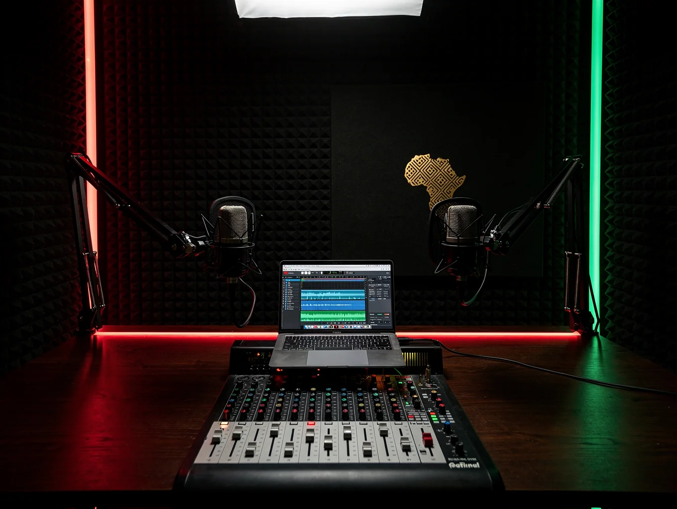 Podcast recording studio with broadcast microphones and professional lighting